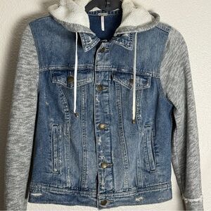 Free People Denim Jacket with Knit Sleeves and Hood Size S/P